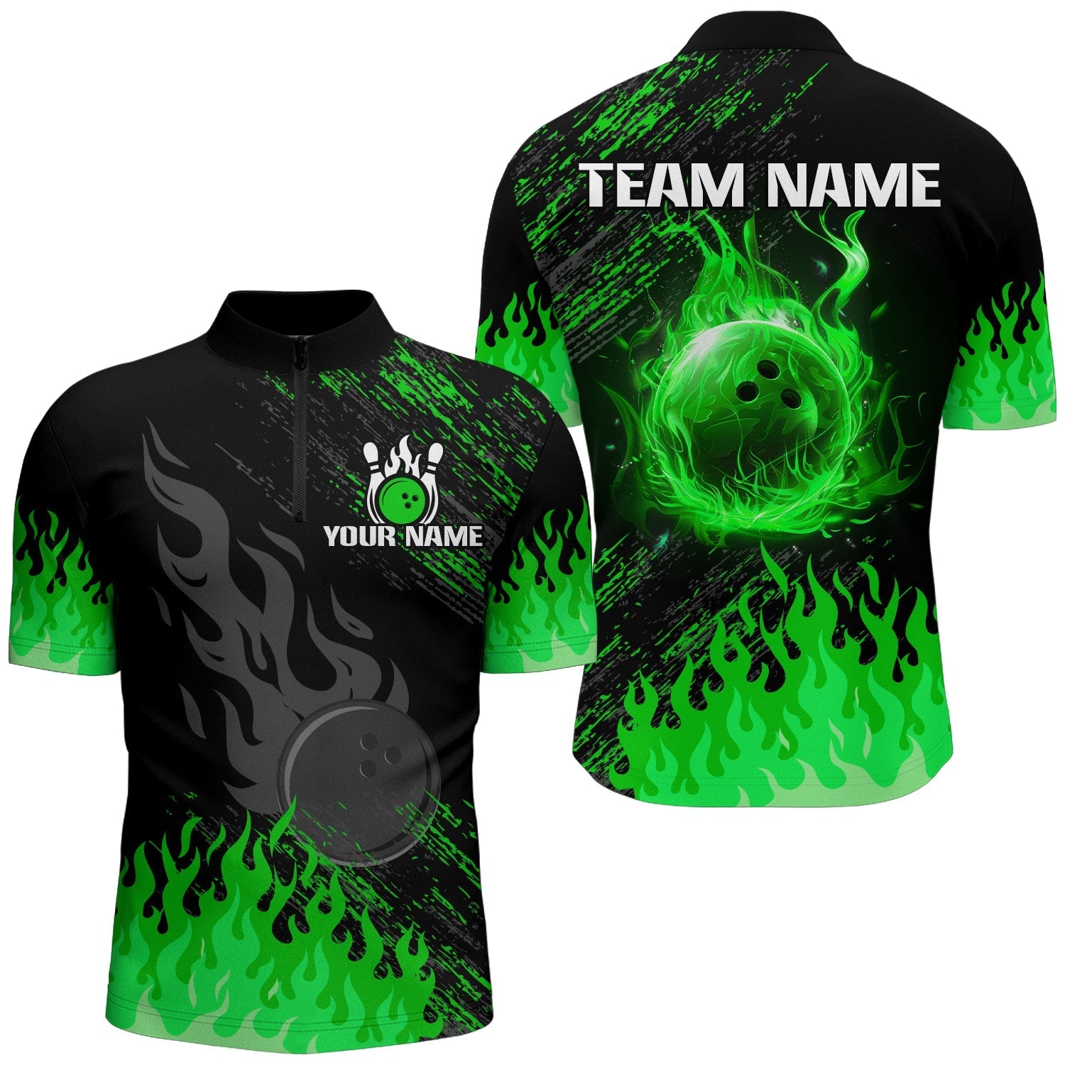 Men's Custom Black & Green Flame Bowling Polo, Quarter Zip N8292