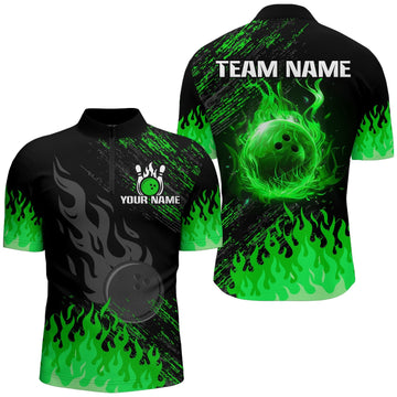 Men's Custom Black & Green Flame Bowling Polo, Quarter Zip N8292