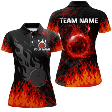 Women's Black & Red Flame Bowling Polo, Quarter Zip N8293