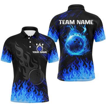 Men's Custom Black/Blue Flame Bowling Polo, Quarter Zip N7735
