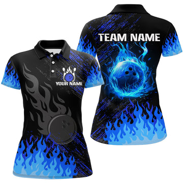 Women's Custom Black & Blue Flame Bowling Polo, Quarter Zip N7735
