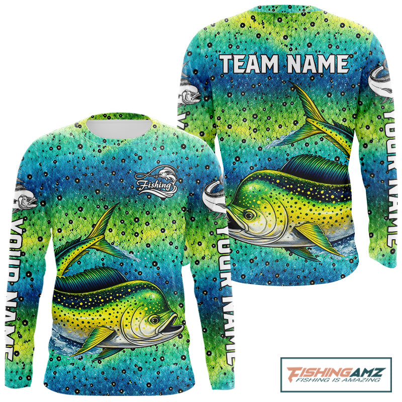 Mahi Mahi Fishing Team Jerseys, Mahi Mahi Fishing Shirts Long Sleeve Green Camo  NHT614