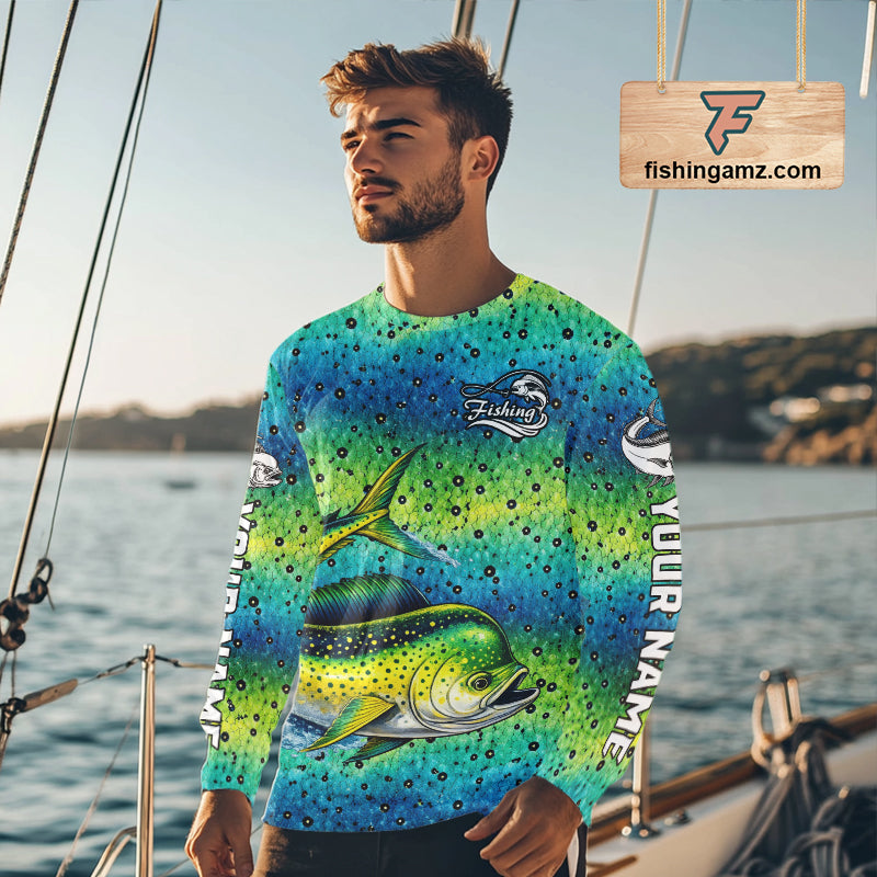 Mahi Mahi Fishing Team Jerseys, Mahi Mahi Fishing Shirts Long Sleeve Green Camo  NHT614