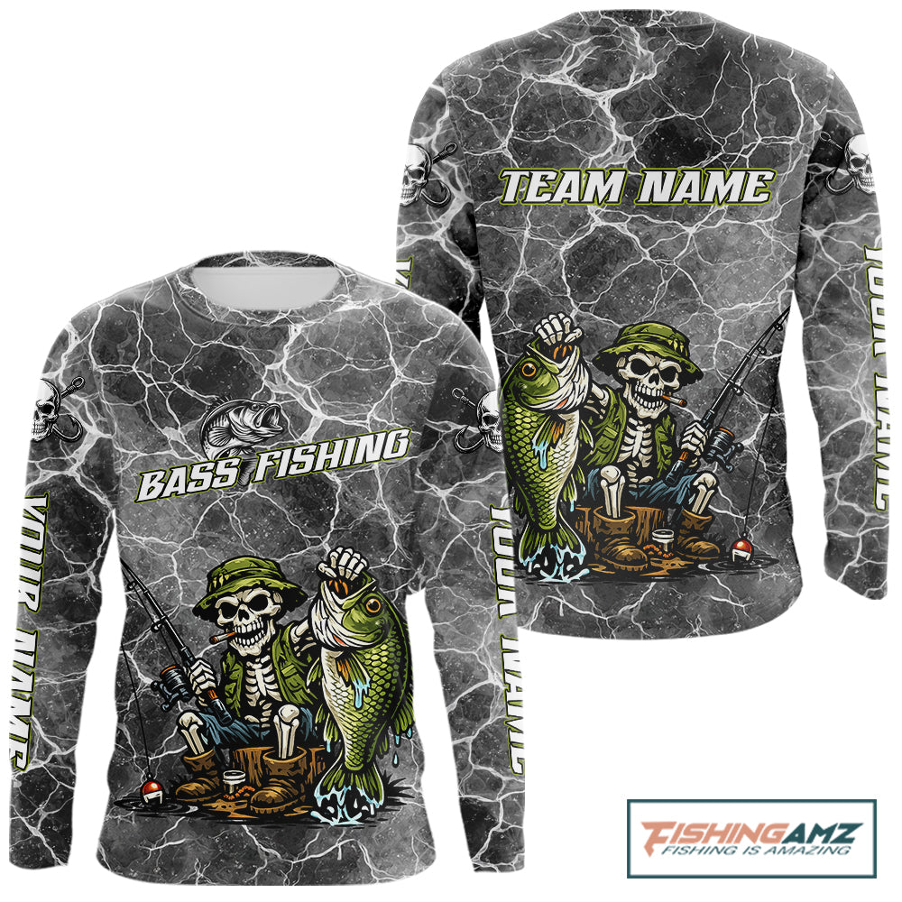 Custom Camo Gray Fish Reaper Skull Bass Long Sleeve Fishing Shirt, Bass Hunter Fishing Jerseys NHT678