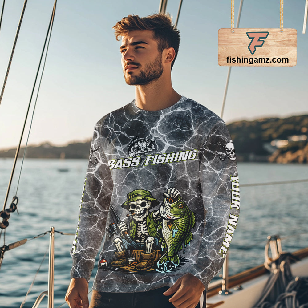Custom Camo Gray Fish Reaper Skull Bass Long Sleeve Fishing Shirt, Bass Hunter Fishing Jerseys NHT678