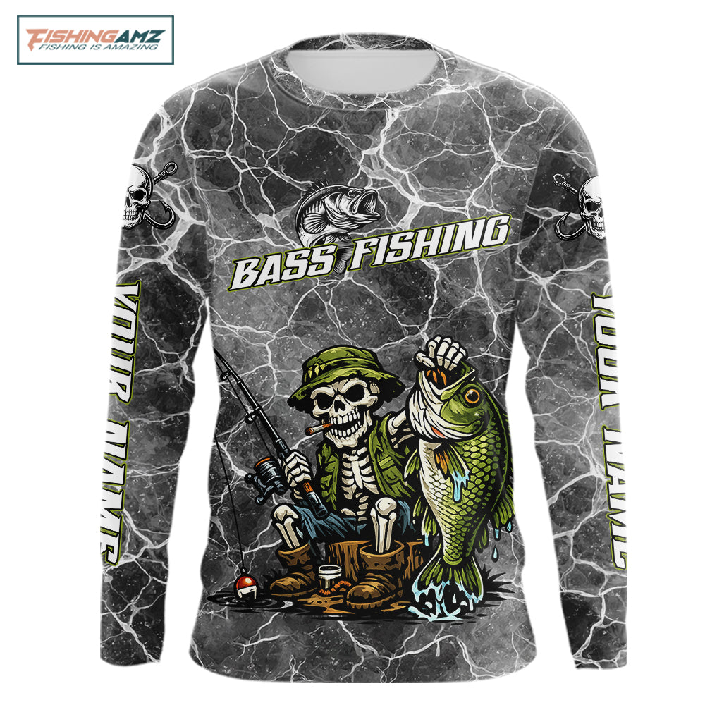 Custom Camo Gray Fish Reaper Skull Bass Long Sleeve Fishing Shirt, Bass Hunter Fishing Jerseys NHT678