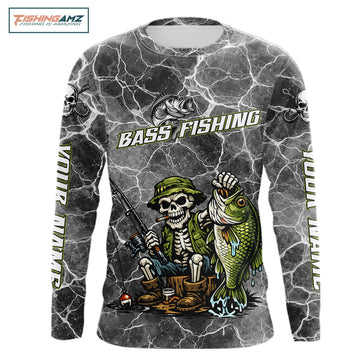 Custom Camo Gray Fish Reaper Skull Bass Long Sleeve Fishing Shirt, Bass Hunter Fishing Jerseys NHT678