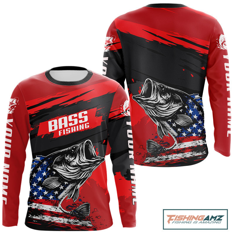 Bass American Flag  Fishing Shirt Long Sleeve, Red Fishing Jersey For Fisherman NHT496