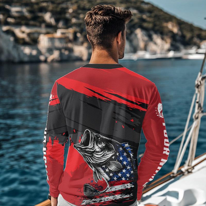 Bass American Flag  Fishing Shirt Long Sleeve, Red Fishing Jersey For Fisherman NHT496