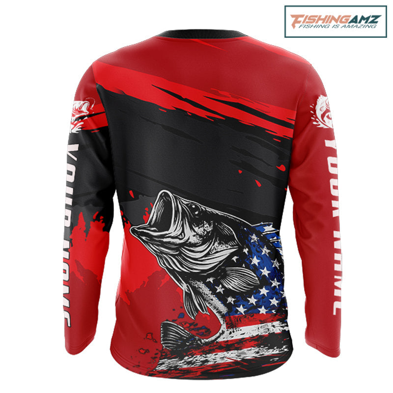 Bass American Flag  Fishing Shirt Long Sleeve, Red Fishing Jersey For Fisherman NHT496
