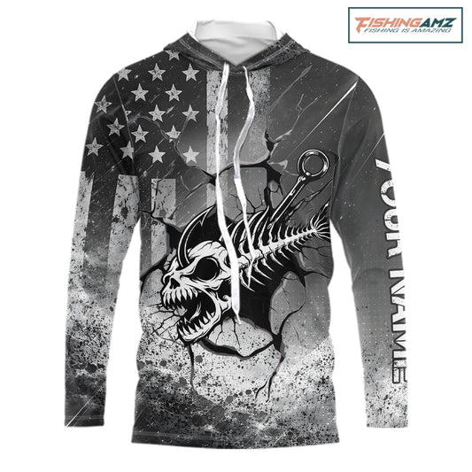 American Flag Fishing Fish Hook Skull Personalized Fishing Shirts, Hooded Patriotic Fishing Shirt Gift For Men NHT665