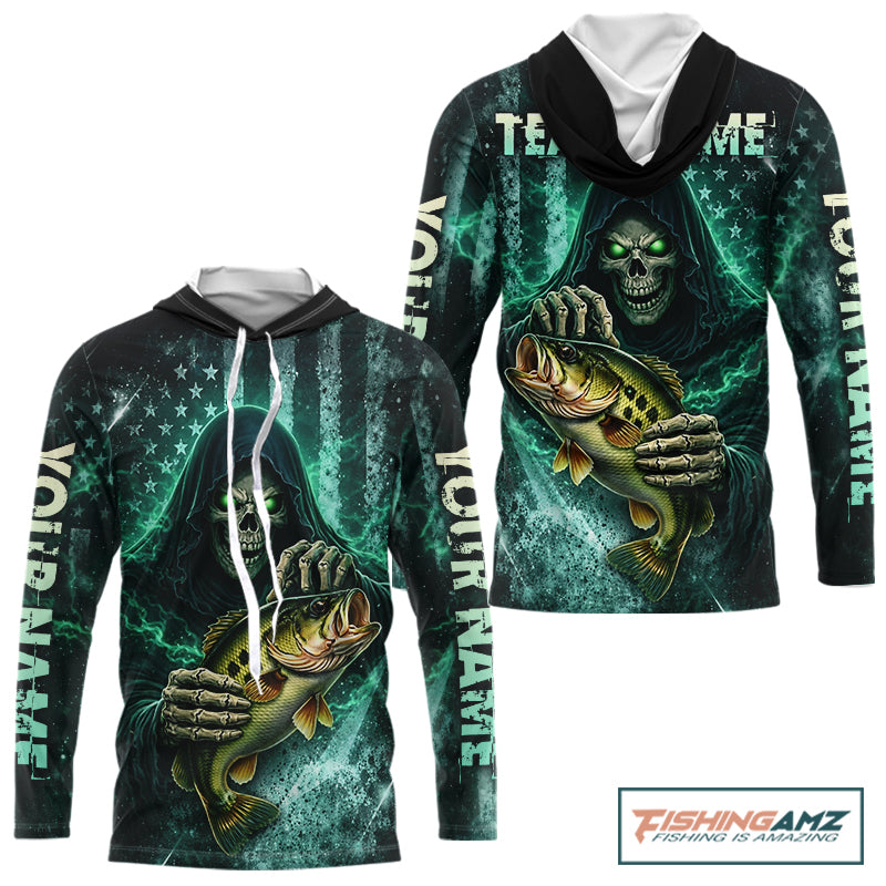 Custom Team Name Grim Reaper Bass Fishing With American Flag - Hooded Patriotic Bass Fishing Jersey NHT515