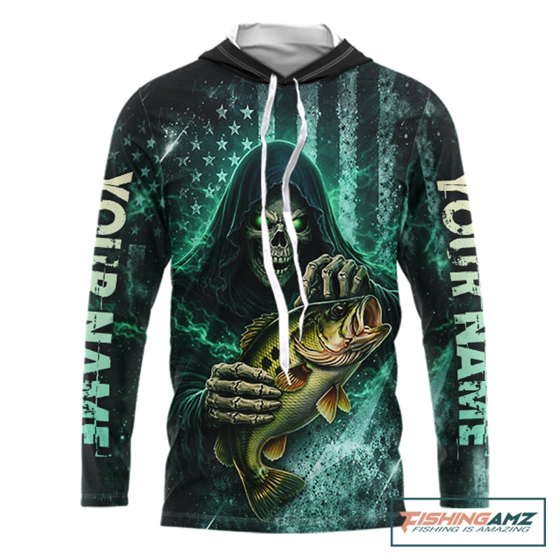Custom Team Name Grim Reaper Bass Fishing With American Flag - Hooded Patriotic Bass Fishing Jersey NHT515