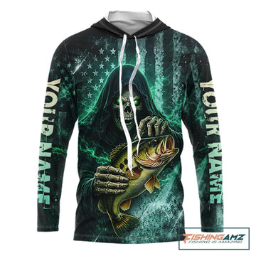 Custom Team Name Grim Reaper Bass Fishing With American Flag - Hooded Patriotic Bass Fishing Jersey NHT515
