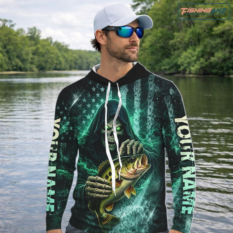 Custom Team Name Grim Reaper Bass Fishing With American Flag - Hooded Patriotic Bass Fishing Jersey NHT515