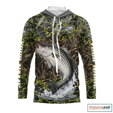 Striped Bass Custom Long Sleeve Hooded Fishing Shirts, Camouflage Striper Fishing Jerseys NHT518