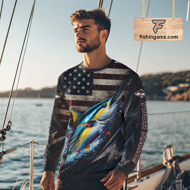 Patriotic Tuna Fishing Jerseys, Personalized American Flag Tuna  Fishing Shirts Long Sleeve NHT581
