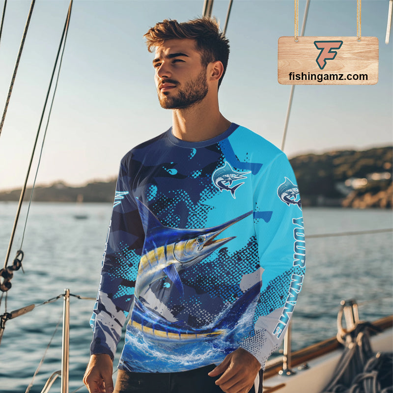 Marlin Fishing Blue Camo Custom Name Long Sleeve, Long Sleeve Hooded Fishing Shirt NHT453