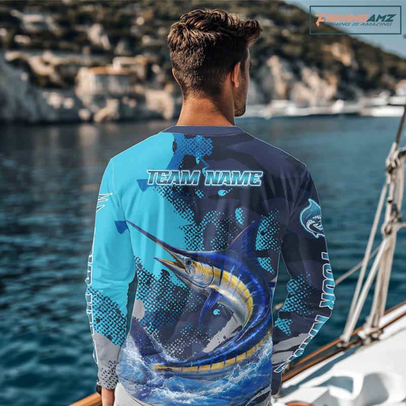 Marlin Fishing Blue Camo Custom Name Long Sleeve, Long Sleeve Hooded Fishing Shirt NHT453