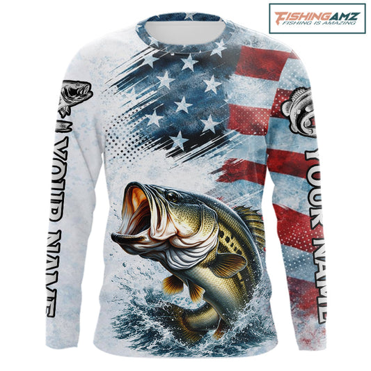American Flag Custom Bass Fishing Shirts Long Sleeve, Patriotic Fishing Shirt NBT447