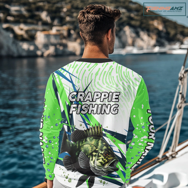 Custom Green Crappie Custom Name Long Sleeve  Fishing Jerseys, Tournament Fishing Shirts NBT364