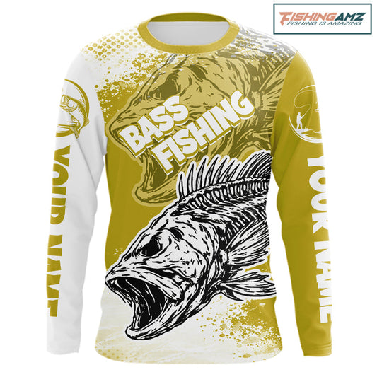 Yellow Camo Bass Fishing Jerseys For Fishing Team, Bass Skeleton Fishing Shirts Long Sleeve NBT419