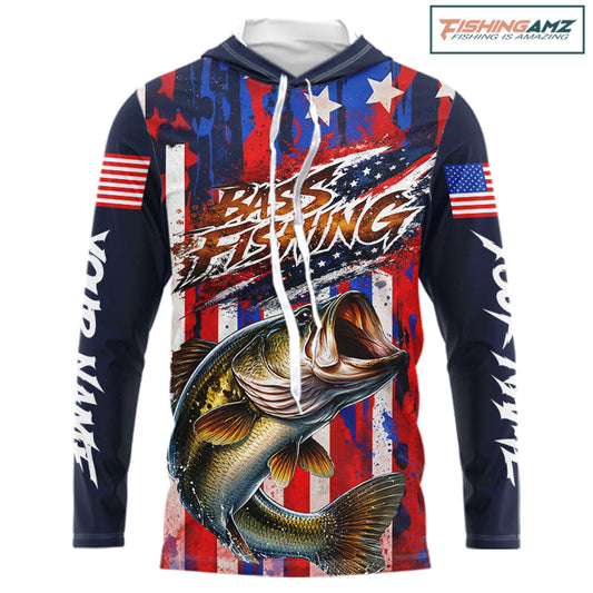 American Flag Bass Long Sleeve Hooded Fishing Shirts, Bass Fishing Tournament Shirts, Bass Fishing Shirts NBT432