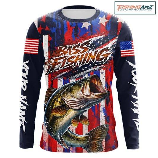 American Flag Fishing Shirt, Bass Fishing Shirts Long Sleeve, Bass Fishing Tournament Shirts| Blue NBT432