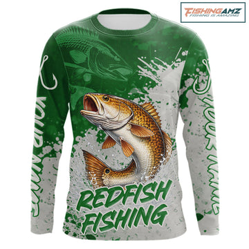 Personalized Redfish Fishing Shirts Long Sleeve Green Camo, Redfish Fishing Shirts For Men NBT398