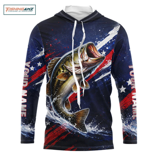American Flag Bass Long Sleeve Hooded Fishing Shirts, Bass Fishing Tournament Shirts| Blue NBT433