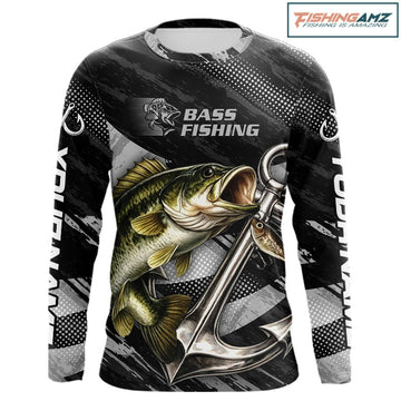 Personalized Bass Fishing Long Sleeve Anchor Vector Custom Name Black Camo, Bass Fishing Shirts NBT472