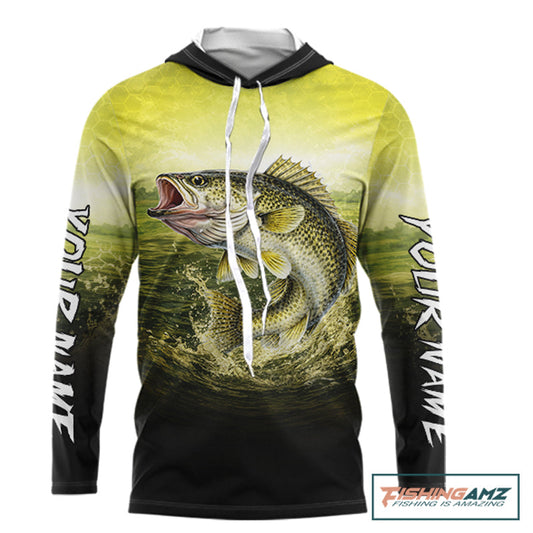 Yellow Walleye Fishing UV Protection Long Sleeve Hooded Fishing Shirts, Custom Walleye Fishing Shirts NBT400
