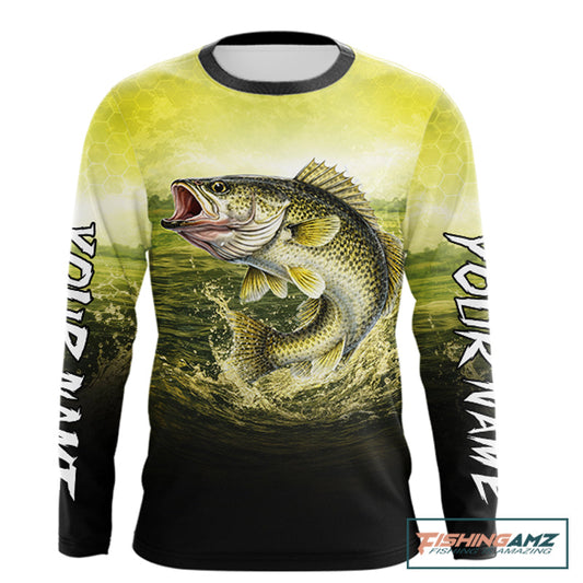 Yellow Walleye Fishing UV Protection Long Sleeve Fishing Shirts, Custom Walleye Fishing Shirts NBT400