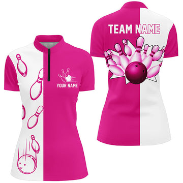 Women's Pink & White Retro Bowling Quarter Zip Shirt N6655
