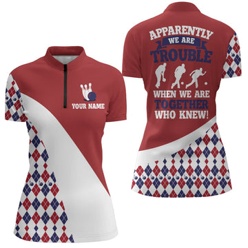 Personalised Women's Red Argyle Bowling Quarter-Zip Shirt N44