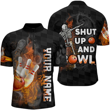 Funny Bowling Shirt for Men, Personalised Quarter Zip Flame Skull Jersey N19