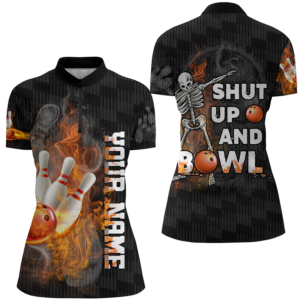 Funny Women's Bowling Quarter Zip Jersey - Flame Skull N19