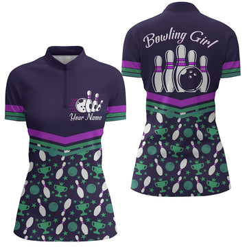 Women's Purple Bowling Quarter-Zip Shirt with Personalised Name N34