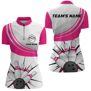 Pink Quarter-Zip Bowling Shirt for Women - Personalised Short Sleeve Jersey N108