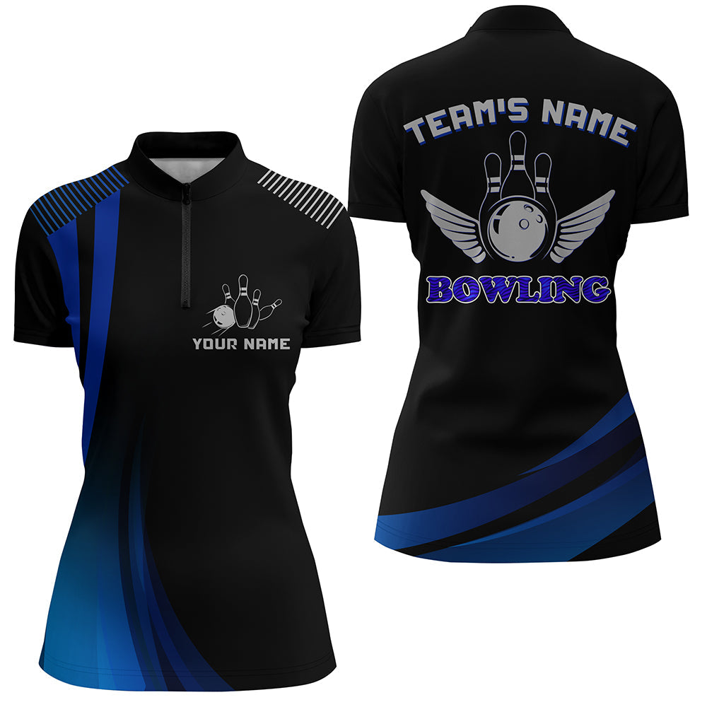 Women's Blue & Black Quarter-Zip Bowling Shirt N156