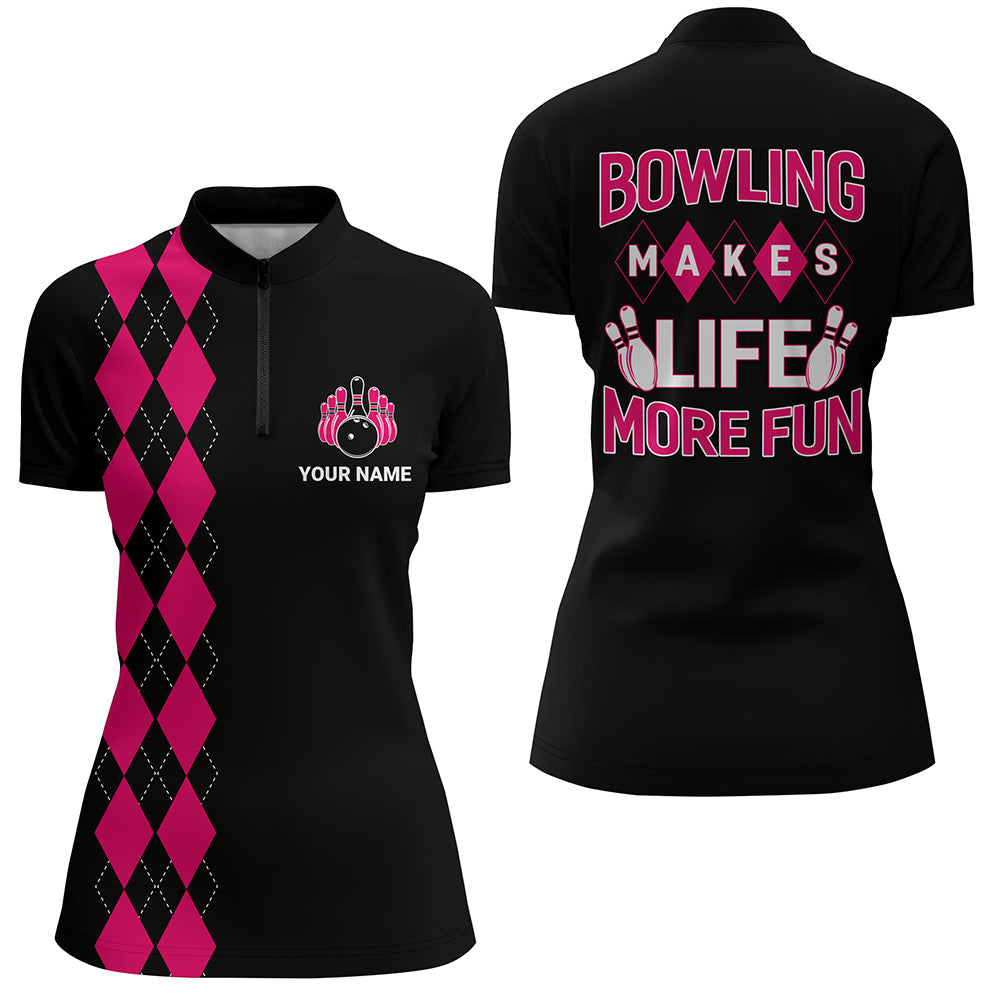Women's Black & Pink Bowling Quarter-Zip Shirt N163
