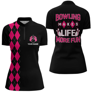Women's Black & Pink Bowling Quarter-Zip Shirt N163
