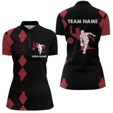 Women's Red & Black Bowling Quarter-Zip Shirt - Personalised N22