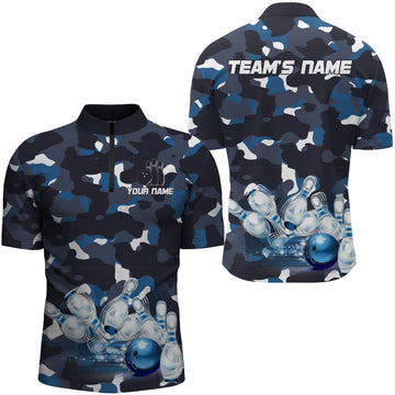 Men's Blue Camo Bowling Quarter-Zip Shirt, Custom Team Name N94