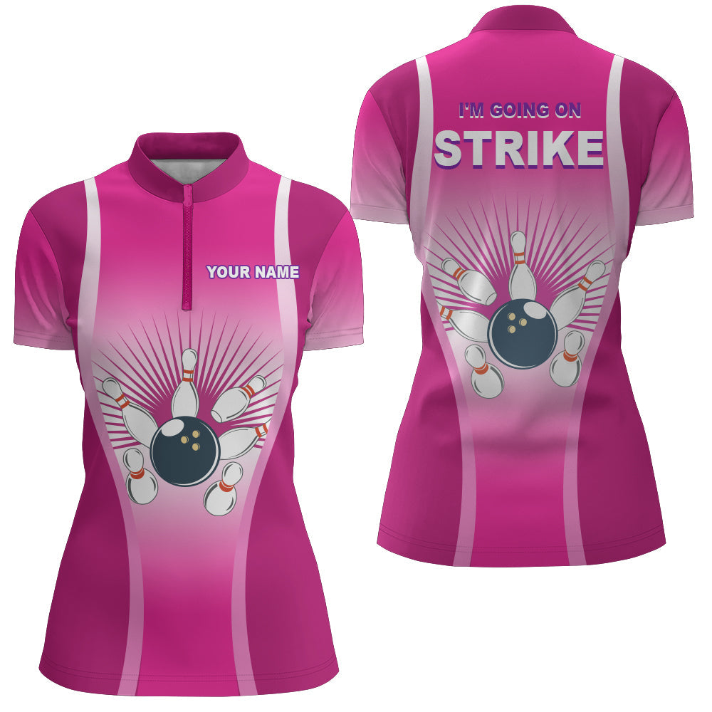 Women's Pink Quarter-Zip Bowling Shirt - Short Sleeves N105