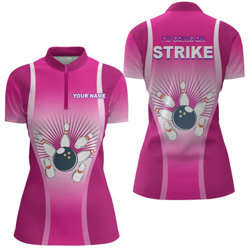 Women's Pink Quarter-Zip Bowling Shirt - Short Sleeves N105