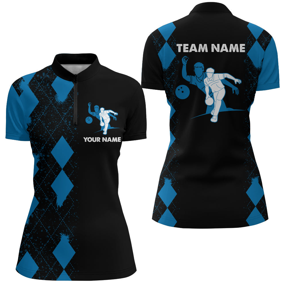Women's Custom Blue & Black Bowling Quarter-Zip Shirt N161