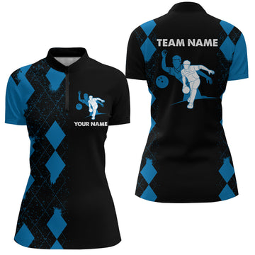 Women's Custom Blue & Black Bowling Quarter-Zip Shirt N161