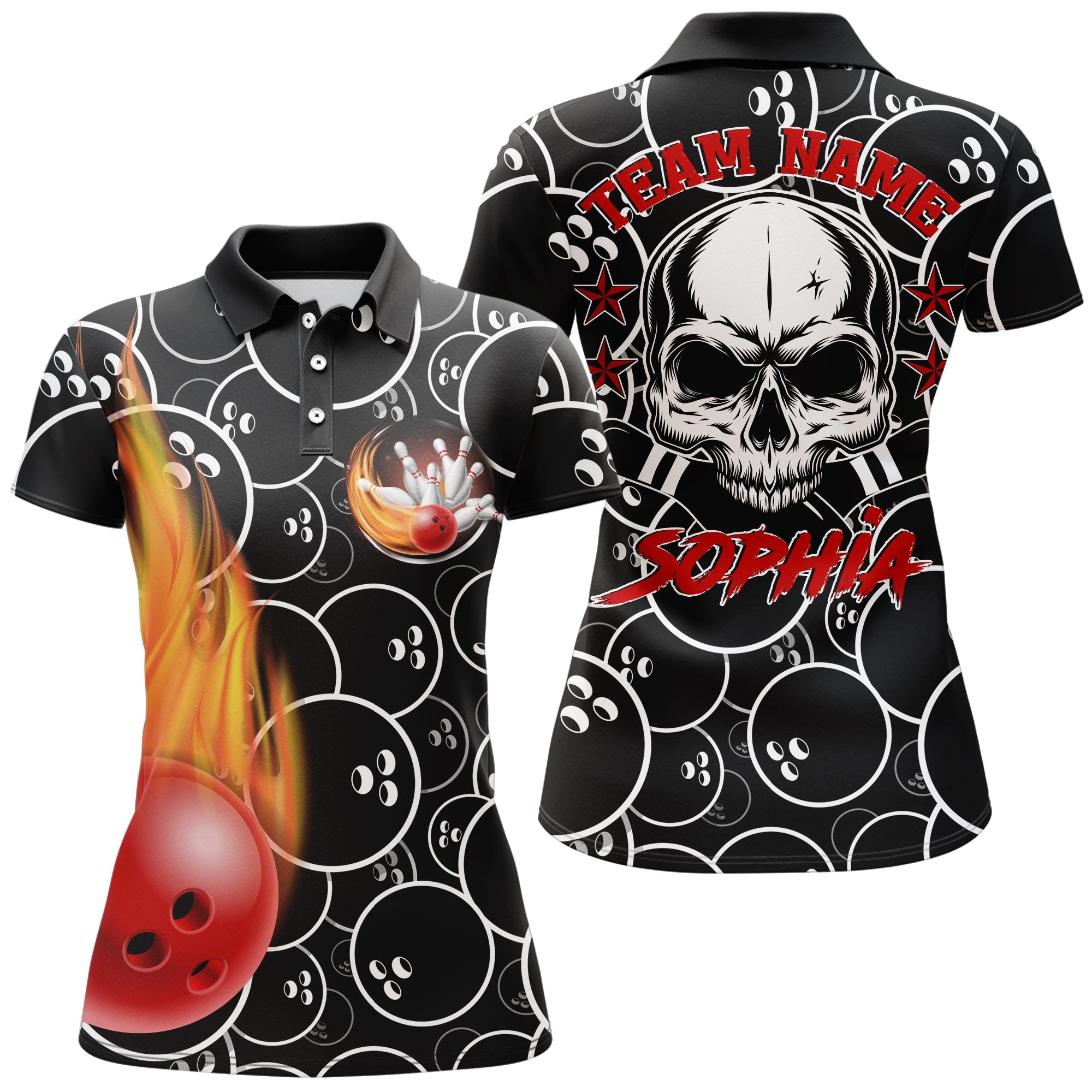 Personalised Women's Black Skull Bowling Polo Shirt N02