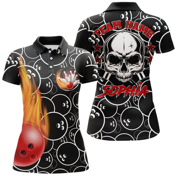 Personalised Women's Black Skull Bowling Polo Shirt N02